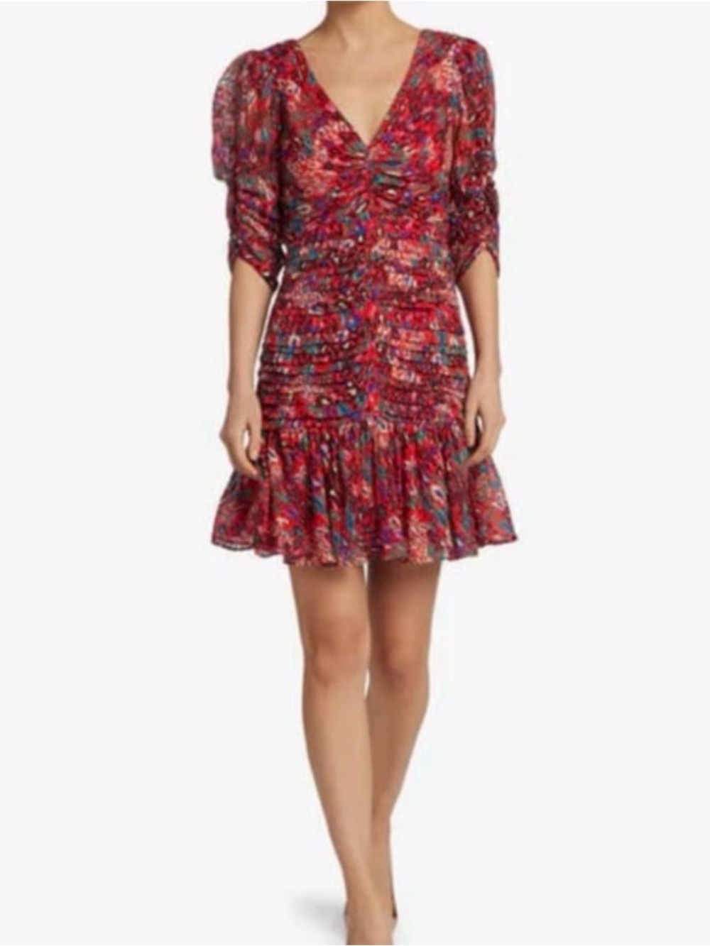 NWOT Tanya Taylor Red Pansy Print V-Neck Pintuck Mini Dress, Size 2